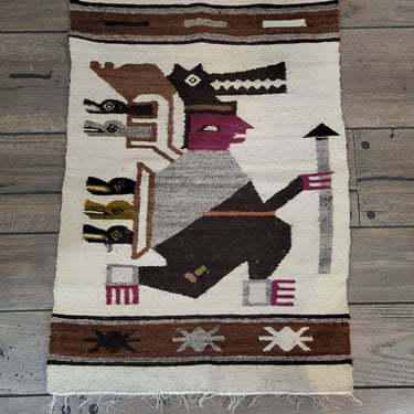 Vintage Hand-Woven Ecuadorian Ecuador Textile Navajo/Aztec Rug Tapestry Hanging with Faces 40.25x25.75 