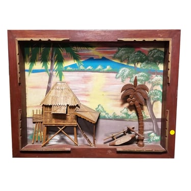 Hand Carved Hawaiian 3D Scenic Wall Scupture w/ Painted Background in Frame 