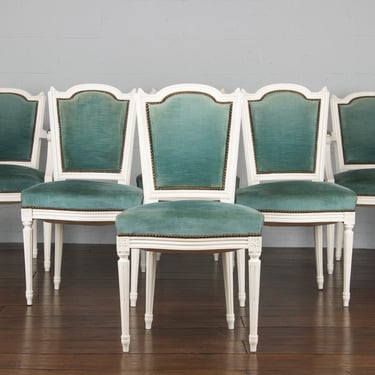 Antique French Louis XVI Style Provincial Painted Dining Chairs W/ Blu -  StandoutSpaces