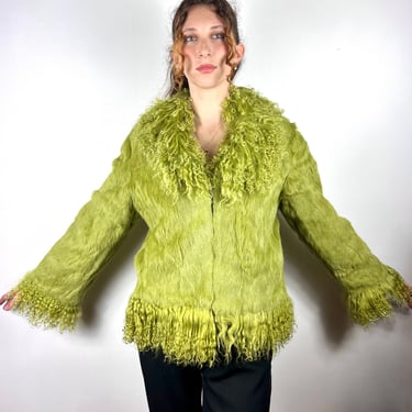 Vintage 1990s Y2K Green Fur Jacket Coat Glam Disco 1990s Rabbit Bell Sleeves Shawl Collar 