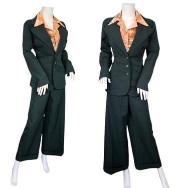 1970's Hunter Green Double Knit Poly 2 Pc Pantsuit I Blazer I Pants Sz Lrg 