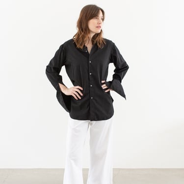 Vintage Black Long Sleeve Shirt | Simple Blouse French Cuffs | 100% Cotton Work Shirt | M | BLS007 