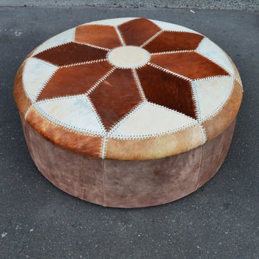 Large Round Structural Cowhide Ottoman w/ Stitched Star Pattern