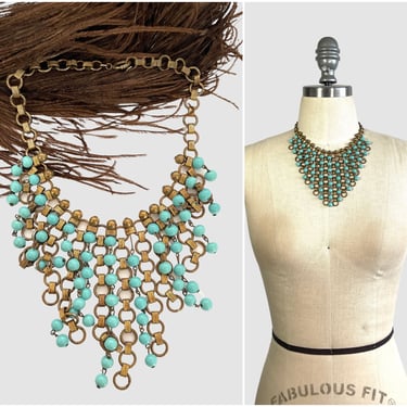 ON THE FRINGE Vintage 30s Fringed Beaded Necklace | 1930s Brass Book Chain, Glass Beads Waterfall Bib Choker | Art Deco Era, 20s Gatsby 