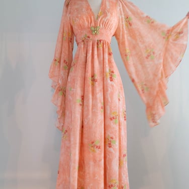 Dreamy 1970's Angel Sleeved Cotton Naked Lady Floral Maxi Dress / SM