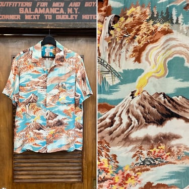 Vintage 1950’s Size L “Penney’s” Asian Volcano Rayon Tiki Hawaiian Shirt, Loop Collar, 1950’s Shirt, 50’s Vintage Clothing 