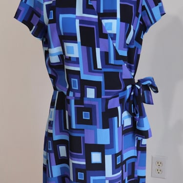 Vintage 1990s Geometric Wrap Midi Dress Psychadelic Pattern Blue Tall Girl Made in Canada 