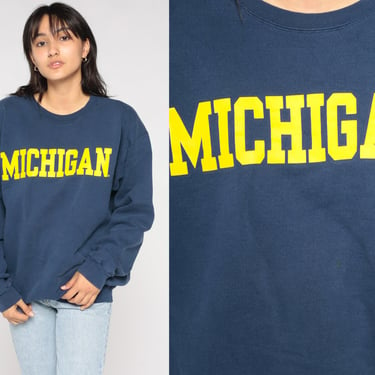 Michigan Sweatshirt 90s University Sweater Navy Blue College Shirt Pullover Crewneck Wolverines UM Graphic Vintage 1990s Mens Medium M 