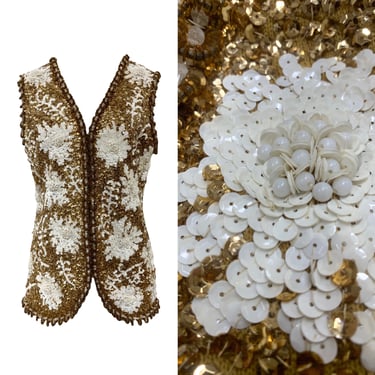 Vtg Vintage 1960s 60s Designer Valentina Glam Sequin Beaded Gold and White Vest 
