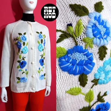 Sweet Vintage 60s 70s White Cardigan with Blue Flower Embroidery 