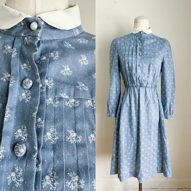 Vintage 1970s Dusty Blue Dainty Floral Prairie Dress / S 