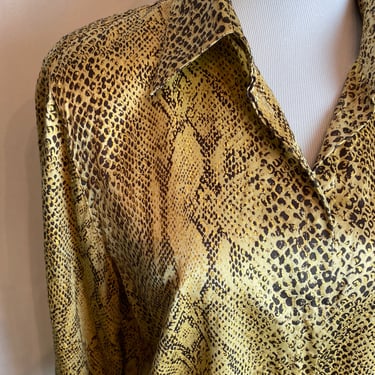 All silk snakeskin print blouse Elegant button up sleek satin silky fine women’s shirt dressy animal print metallic golden gold black size M 