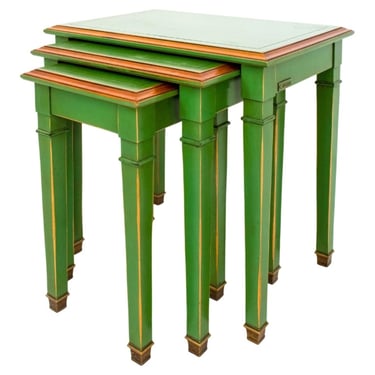 Jansen Style Green Lacquer &amp; Gilt Nesting Tables, Set of Three