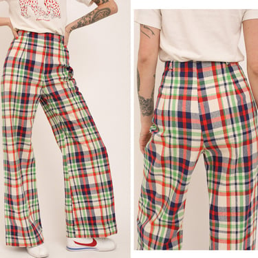 Vintage 1970s 70s Green Red Navy Checkered High Waisted Huge Elephant Flared Pants Trousers 
