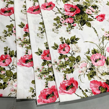 Vintage Set of 4 Floral Curtains Long Pink Red Flowers Mid Century Cottagecore Pinch Pleat 1950s 1960s Dopamine Decor 
