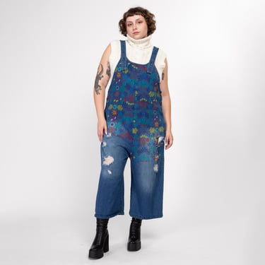 Large 90s Floral Denim Pinafore Overall Jumpsuit | Vintage Blue Jean Romper 