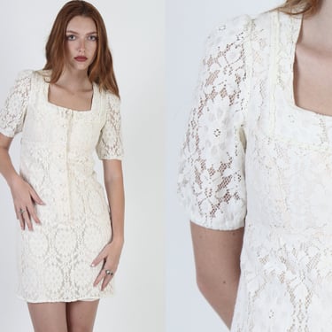 Vintage 60s Ivory Crochet Mini Dress, 1960s All Over Off White Floral Lace, Ivory Mod GoGo Bridal Party Dress 