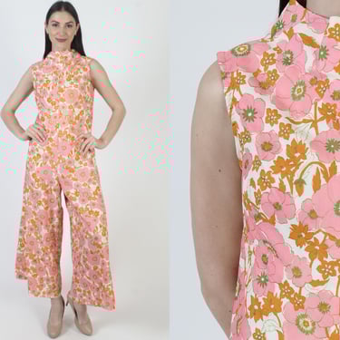 60s Psychedelic Jumpsuit, Wide Leg Playsuit, Palazzo Pant Suit, Vintage Floral Print 