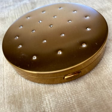 MCM compact vintage powder makeup mirrored vanity case gold tone with micro rhinestones large circle mirror burlesque 