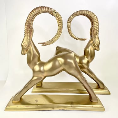 Huge Brass Hollywood Regency Antelope IBEX Gazelle Bookends MCM HEAVY Vintage