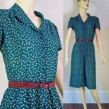 Vintage 70s day dress size small, forest green ribbon bow pattern Christmas Xmas short sleeve belted knee length 80s office work 