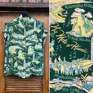 Vintage 1940’s “Malihini” Hula Girl x Natives Words Tiki Rayon Tea-Timer Hawaiian Shirt Top, 40’s Vintage Clothing 