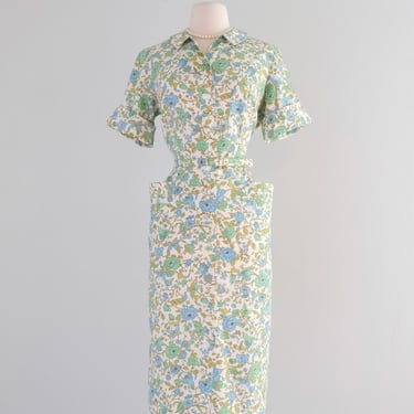Vintage 1960's Green & Blue Floral Shirt Dress by Sunnyvale / ML