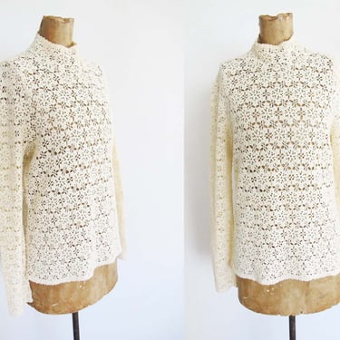 Vintage 70s Floral Crochet Lace Long Sleeve Mock Neck Top S M - 1970s Off White Cream Tall Neck Romantic Cottagecore Blouse 