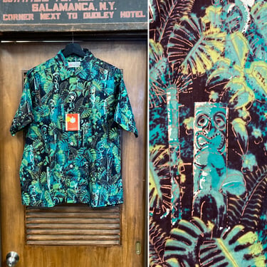 Vintage 1950’s -Deadstock- Size L “Shaheen’s” Idol Forest Tiki Cotton Hawaiian Shirt, Signed Selvedge, 50’s Vintage Clothing 