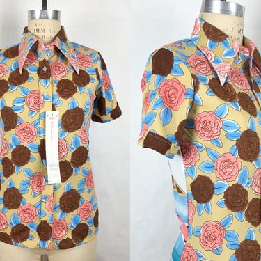 Vintage 1970s Deadstock Roses Novelty Print Polyester Blouse, Vintage 70s Button Down, Vintage Psychedelic Print, Boho Hippie, Size Sm/Med by Mo