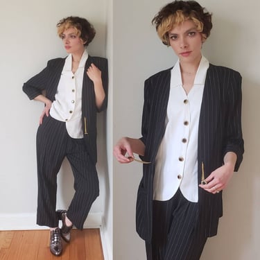 1990s Black Pinstrpied Pant Suit Ladies Built in White Blouse Gold Chain Buttons / 90s Working Girl Elastic Pants Matching Jacket / M L 