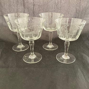 Set of 2 Vintage Art Deco Floral Etched Crystal SMALL 3.5 OZ Liquor Cocktail Glasses, Mid Century Modern Nick & Nora Glasses, Small Coupe 