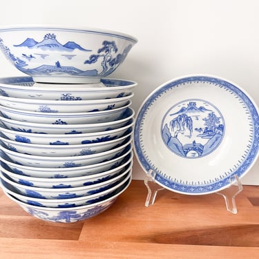 Set of 14 Chinoiserie Blue and White Salad Bowls.  Traditional Chinese Willow Tree Landscape Porcelain Soup Bowl Sets. 