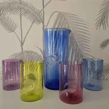 SSGS signed Art Glass, "Dimple" Pitcher & 4 Multi Colored Tumblers, Dated 2003 