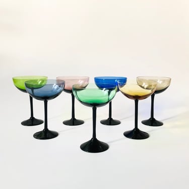 Mid Century Colorful Black Stem Coupe Glasses - Set of 7 
