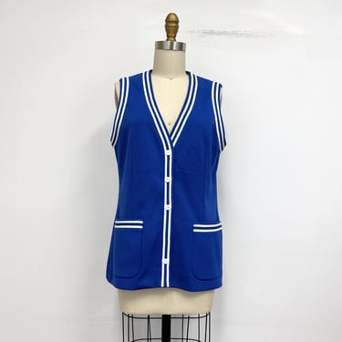 Vintage 70s Womens Long Vest | Royal Blue and White with Pockets | Size Medium 