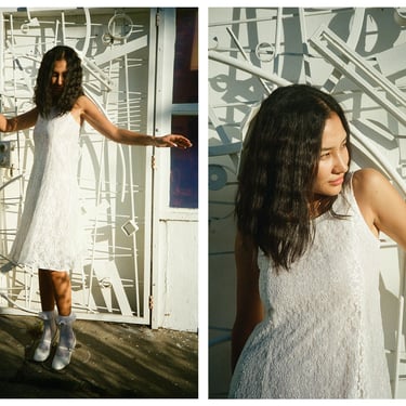 Vintage 1990s 90s White Lace Sleeveless Empire Waist Babydoll Midi Dress 
