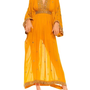 Morphew Collection Turmeric Orange  Gold Silk Beaded Kaftan Made From Vintage Saris 