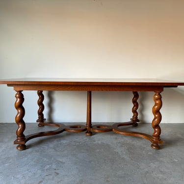 Baker Furniture Walnut And Inlaid Burlwood Dining Table With Barley Twist Legs 