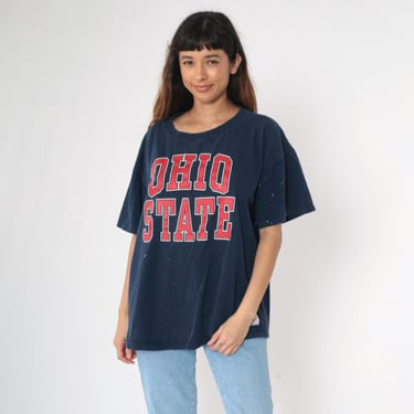 Vintage Ohio State Shirt 90s Distressed Buckeyes Shirt University T Shirt College Navy Blue Graphic Tee Sports Retro 1990s Size 2xl 