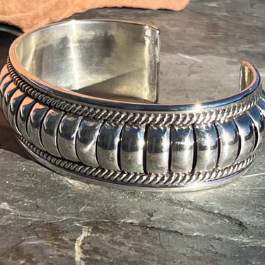 Tom Charley ~ Vintage Navajo Sterling Silver Cuff Bracelet with Raised Bowed Center - 38 Grams 