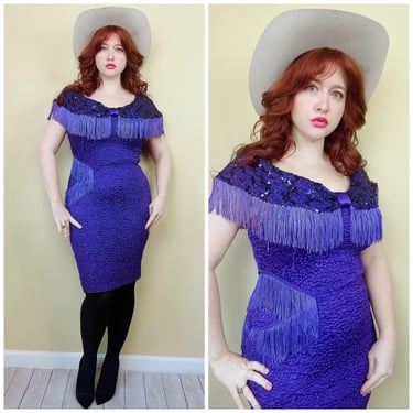 1980s Vintage Purple Scrunch Stretch Wiggle Dress / 80s Western Sequin Fringe / Fringed Dress / Size Large 
