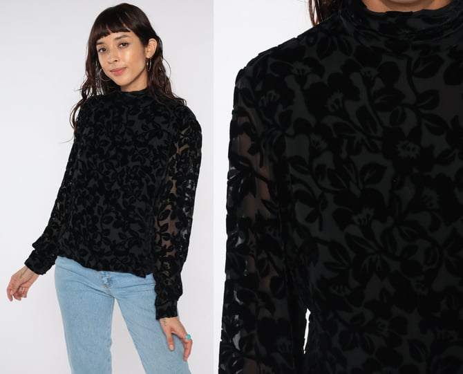 Black Velvet Burnout Blouse 90s Silk Floral Cut Out Sheer