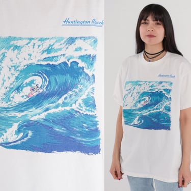 90s Surfer Shirt Huntington Beach California T Shirt Vintage Wave Surf Tshirt 1990s Graphic Tee Single Stitch White Medium Large 