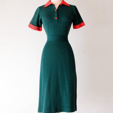 Chic 1970’s Green & Red Knit Dress by Adolfo / Sz M