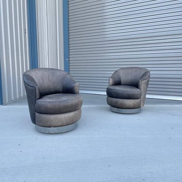 Vintage Leather Chrome Swivel Chairs by J Robert Scott- a Pair 