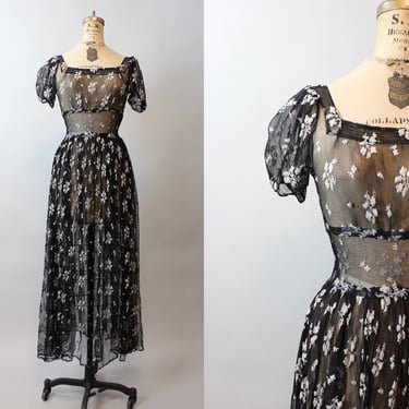 1930s EMBROIDERED mesh puff sleeves dress gown xs | new fall 