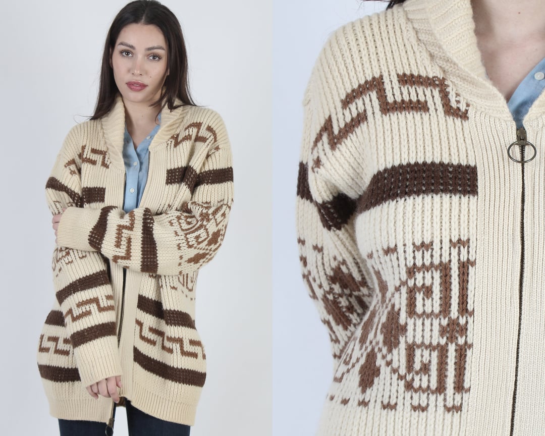 Vintage Cardigan hot Sweater Full Zip 80s Acrylic Knit Striped Brown Large