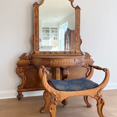 NEW - Rare Vintage Vanity with Beveled Mirror and Original Bench or Chair, Antique Bedroom Furniture 