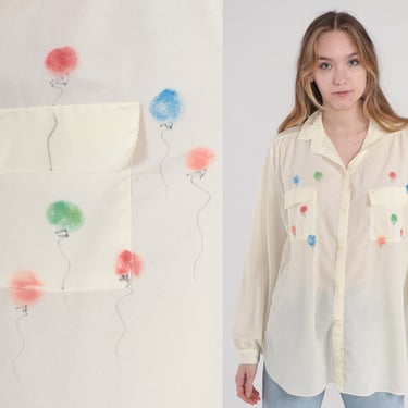 Balloon Blouse 80s Semi-Sheer Cream Button Up Shirt Retro Long Roll Tab Sleeve Top Colorful Hand Drawn Print Crepe Blend Vintage 1980s XL 